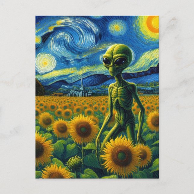 Green Scifi Alien in a Van Gogh Sunflower Field Postcard (Front)