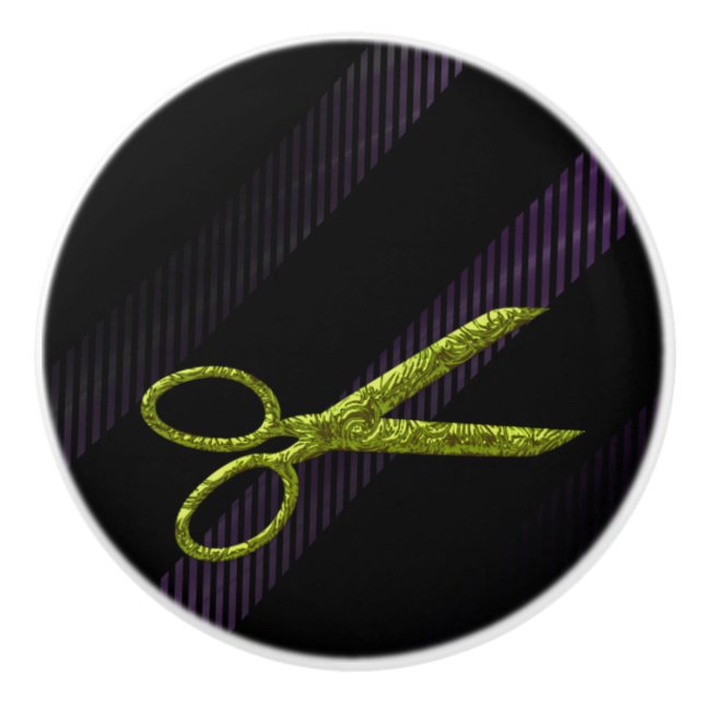 Green Scissors Purple & Black Modern Chic Salon Ceramic Knob (Front)
