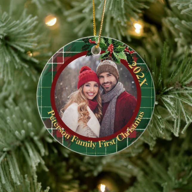 Green Scottish Plaid | Our First Christmas Photo Ceramic Ornament (Tree)