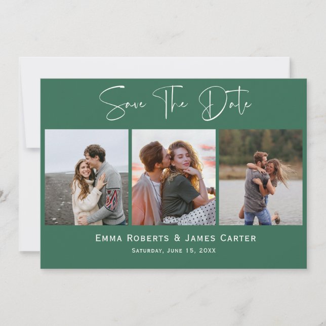 Green Script 3-Photo Save the Date Card (Front)
