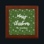 Green Script Chic Modern Elegant Merry Christmas Gift Box<br><div class="desc">Elegant modern chic Christmas design with snowflakes pattern on green background with artistic white script with Merry Christmas greeting. Personalize your family name.</div>