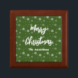 Green Script Chic Modern Elegant Merry Christmas Gift Box<br><div class="desc">Elegant modern chic Christmas design with snowflakes pattern on green background with artistic white script with Merry Christmas greeting. Personalize your family name.</div>