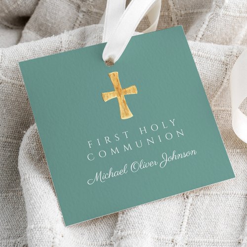 Green Script Cross Boy First Communion  Favor Tags