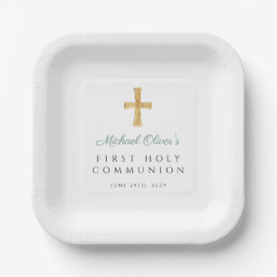 Green Script Cross Boy First Communion Paper Plates