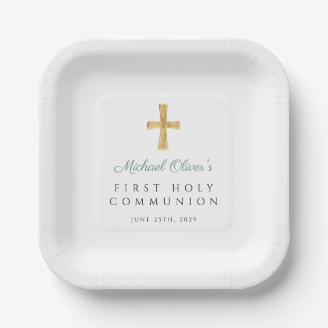 Green Script Cross Boy First Communion Paper Plates (Front)