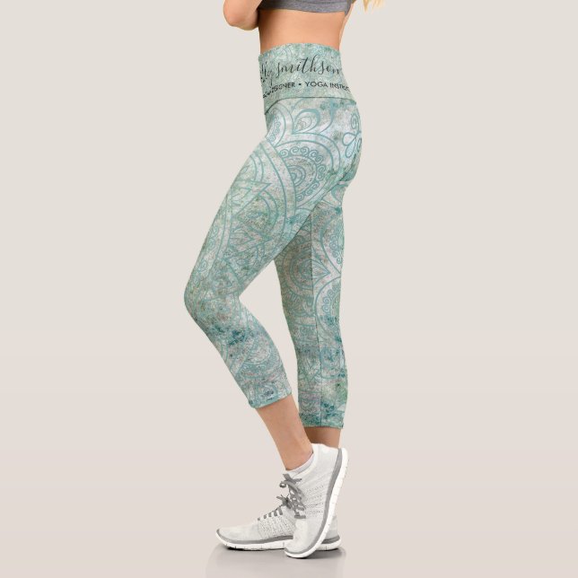 Green Script Mandala Spa Bohemian Spiritual  Capri Leggings (Left)