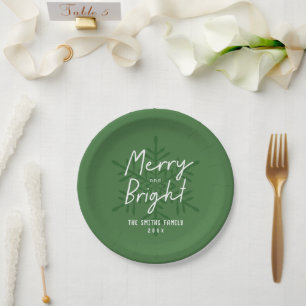 Green Script Merry & Bright Snowflakes Christmas Paper Plates