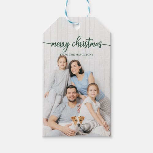 Green Script Merry Christmas Personalized Photo Gift Tags