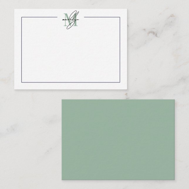 Green Script Minimalist Name Monogram Note Card (Front/Back)
