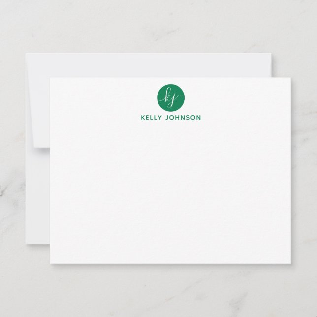 Green Script Monogram Circle Modern Elegant Girly Note Card (Front)