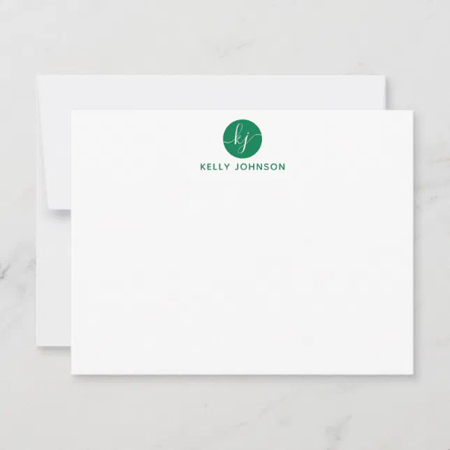 Green Script Monogram Circle Modern Elegant Girly Note Card | Zazzle