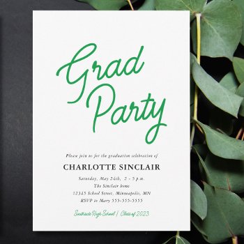 Green Script Simple Budget Grad Party Invitation by daisylin712 at Zazzle