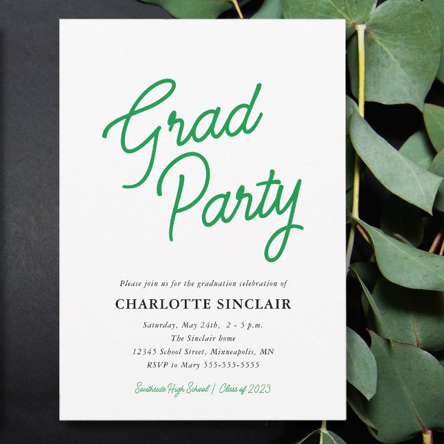 Green Script Simple Budget Grad Party Invitation (Creator Uploaded)