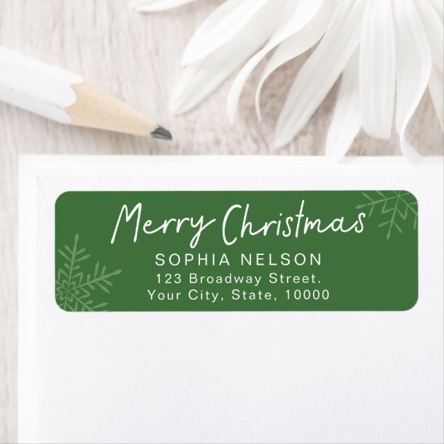 Green Script Snowflakes Christmas Return Address Label (Insitu)