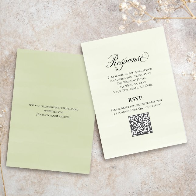 Green Script Wedding QR Code RSVP Elegant  Enclosure Card (Elegant greenery script RSVP with QR code for easy online guest responses.)