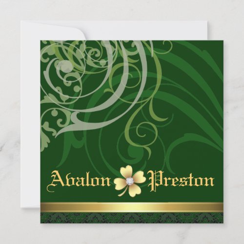 Green Scroll Shamrock St Patricks Day Wedding Invitation