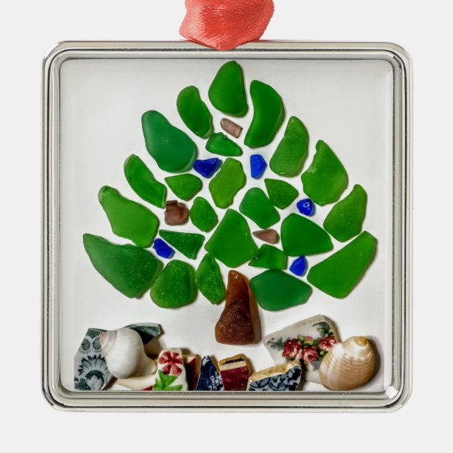 Green Sea Glass Christmas Tree Metal Ornament (Front)
