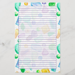 Green Sea Glass Watercolor Purple Lined Stationery