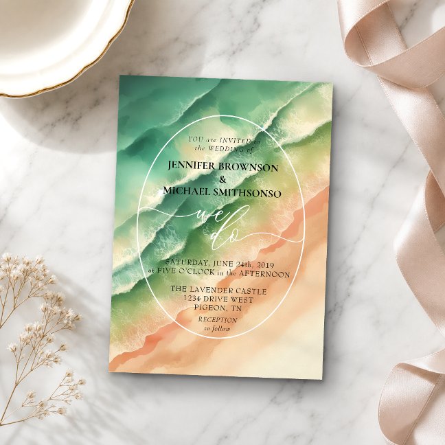 Green Sea Ocean Beach Summer Watercolor Wedding Invitation