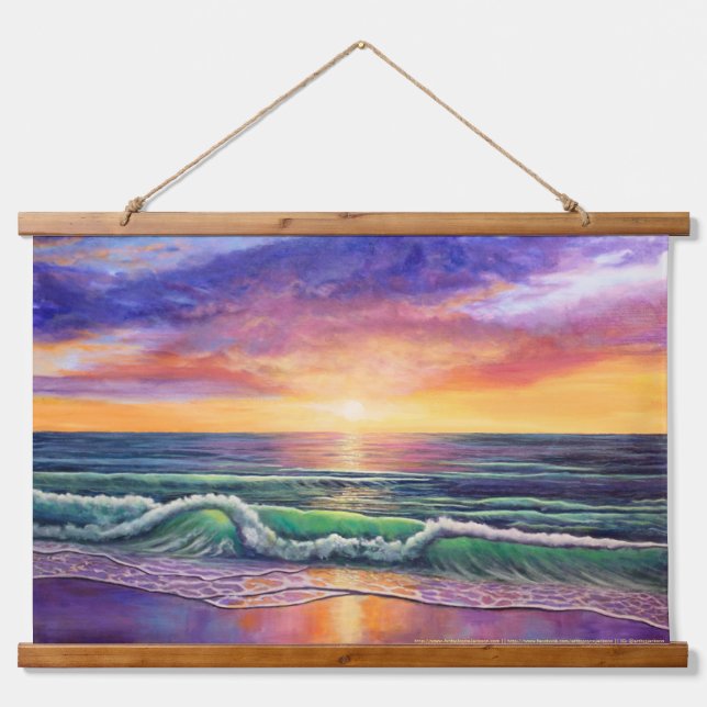 Green Sea Sunset Painting Hanging Tapestry (Front)