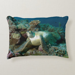 Green Sea Turtle after resting among coral reef Accent Pillow
