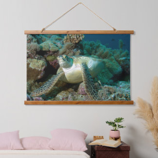 Green Sea Turtle after resting among coral reef |  Hanging Tapestry