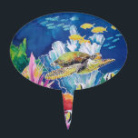 Green sea turtle cake topper<br><div class="desc">Silk painting of a green sea turtle and friends. Little gold fish, angel fish and others share the sea with colorful seaweeds and corals.</div>