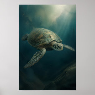 Green Sea Turtle Gliding Through Ocean Light Wildl Poster