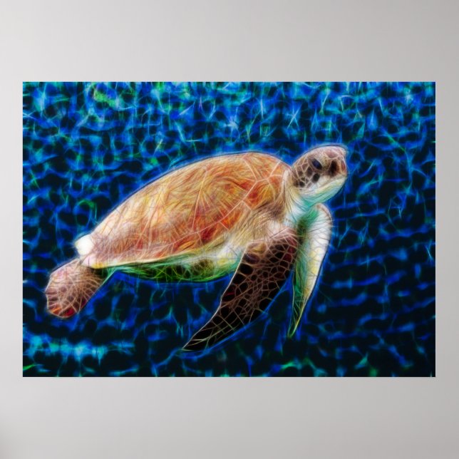 Green Sea Turtle Honu on Blue Fractal Art Poster (Front)