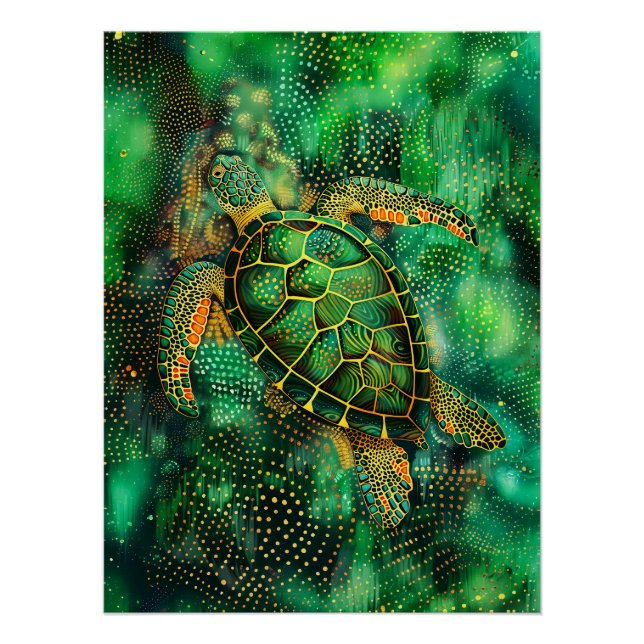 Green Sea Turtle in Aborigine Dot Art Style Poster (Front)