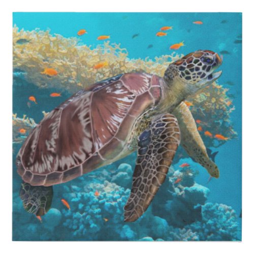 Green Sea Turtle Near Coral Reef Faux Canvas Print