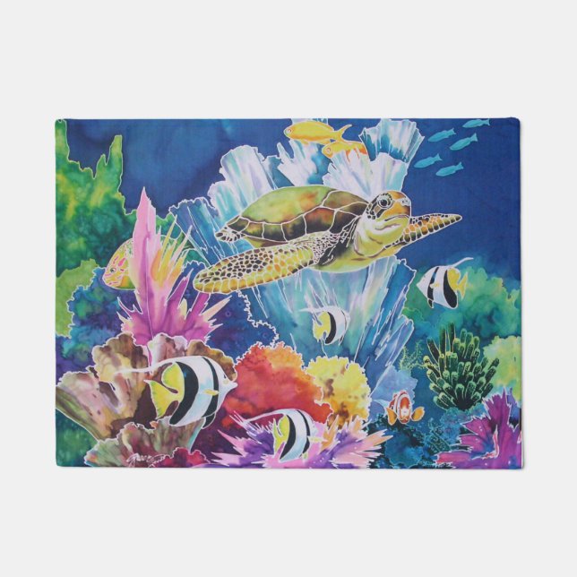 Green sea turtle Ocean Reef Scene with Fish Doormat (Front)