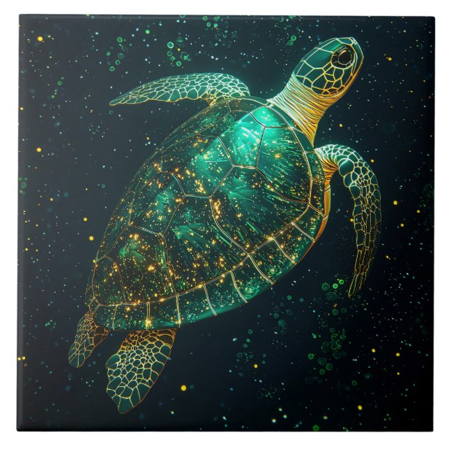 Green Sea Turtle on Dark Background Ceramic Tile (Front)