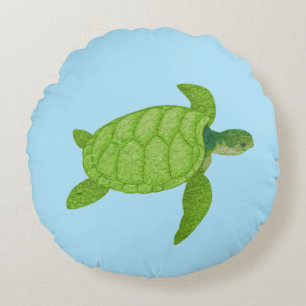 Green sea turtle on turquoise background round pillow