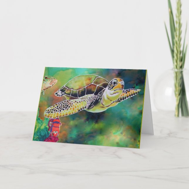 Green Sea Turtle Silk Painting Card (Front)