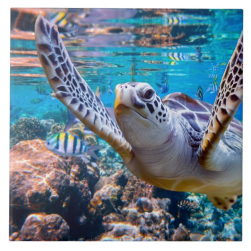Green Sea Turtle Swimming Over Coral Reef Hawaii Ceramic Tile