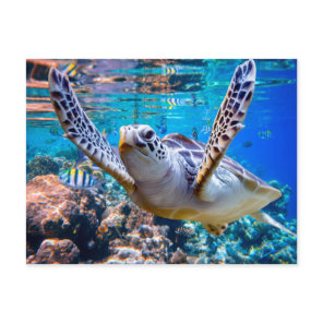 Green Sea Turtle Swimming Over Coral Reef |Hawaii  Holiday Postcard