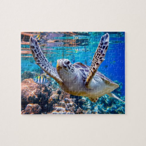 Green Sea Turtle Swimming Over Coral Reef Hawaii Jigsaw Puzzle