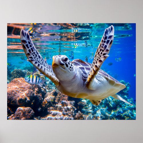 Green Sea Turtle Swimming Over Coral Reef Hawaii Poster