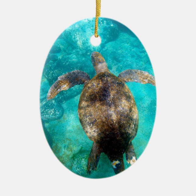 Green sea turtle swimming underwater paradise ceramic ornament (Front)