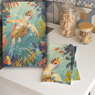 Green Sea Turtle Swims The Pacific Ocean Kitchen Towel