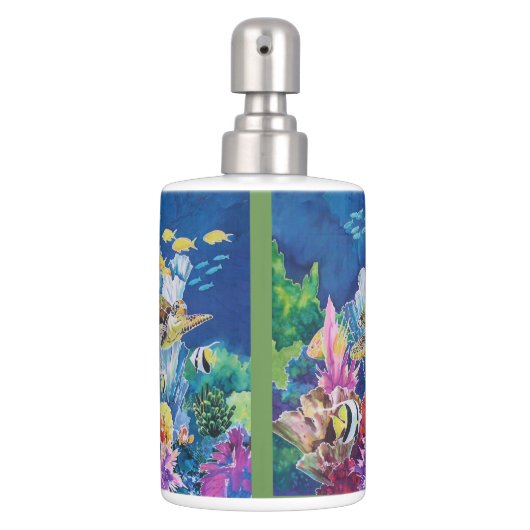 Green Sea Turtle Tropical Ocean Fish Soap Dispenser & Toothbrush Holder (Front)
