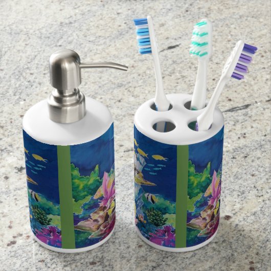Green Sea Turtle Tropical Ocean Fish Soap Dispenser & Toothbrush Holder (Front)