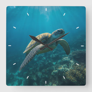 Green Sea Turtle Underwater Ocean Photography Square Wall Clock
