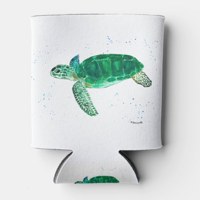Green sea turtle watercolor coastal tropical ocean can cooler (Front)