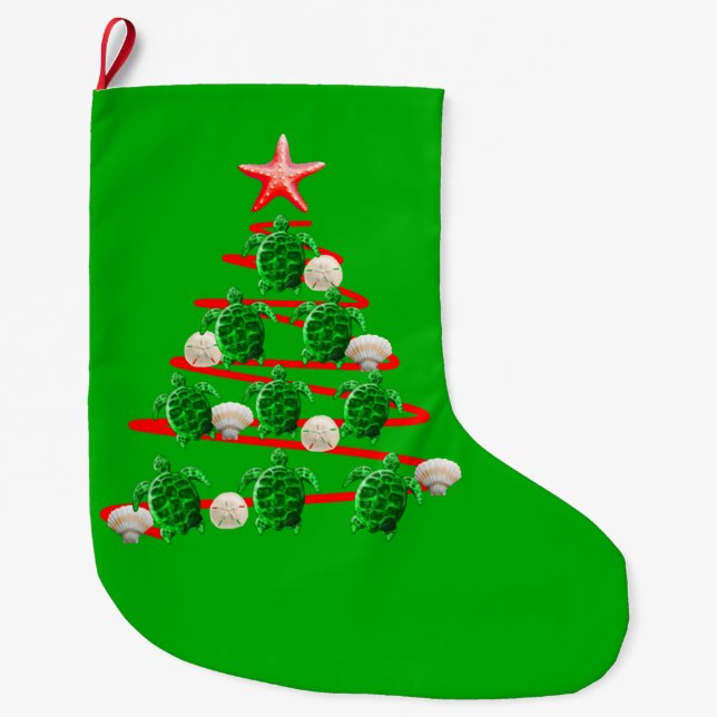 Green Sea Turtles Christmas Tree Large Christmas Stocking (Front)