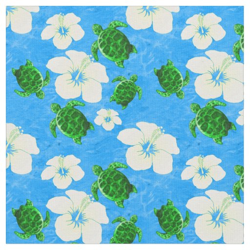 Green Sea Turtles Hawaiian Floral Pattern Fabric