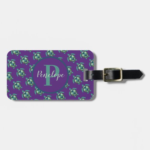 Green Sea Turtles Pattern on Purple with Monogram  Luggage Tag