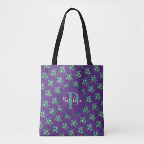 Green Sea Turtles Pattern on Purple with Monogram Tote Bag