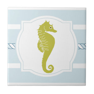 Green seahorse ocean nautical stripes ceramic tile